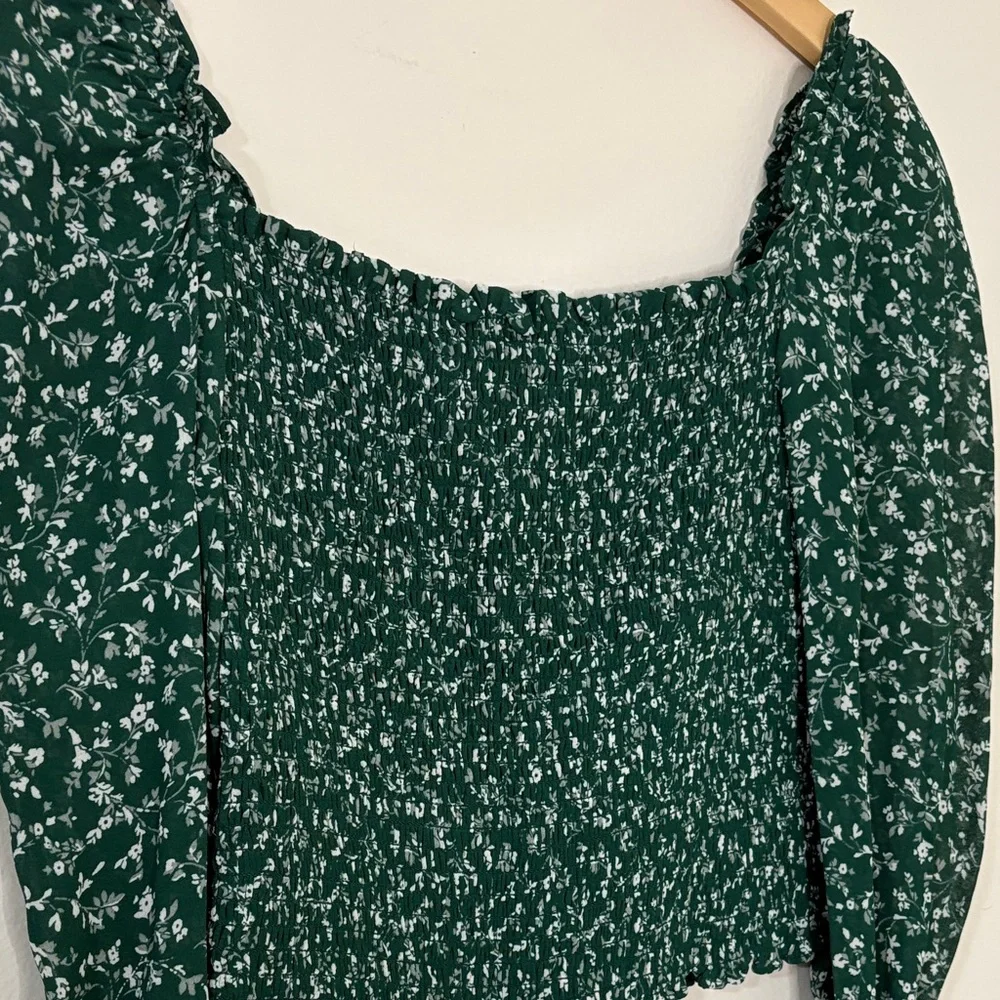 Reformation Pinto Green Floral Smocked Top Blouse XS Romantic Sheer Coquette